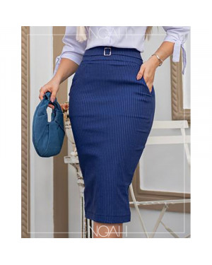 Saia Lápiz Risca de Giz Azul | Moda Evangelica