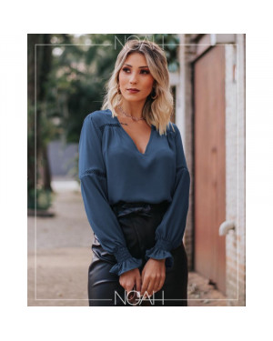 Blusinha manga longa azul | Moda Evangelica