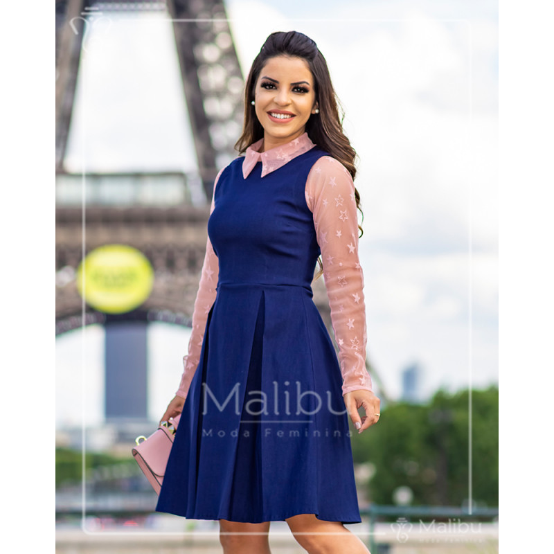 Selma Vestido god azul marinho renda Moda Evangelica