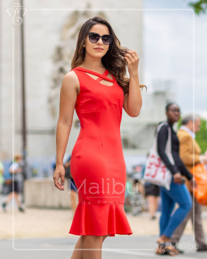 Vestido sino vermelho em neoprene c/ decote X | Moda Evangelica