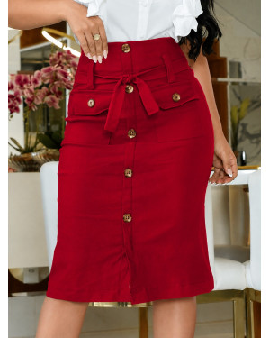Saia Lapis Midi Vermelho com Botão Frontal | Moda Evangelica