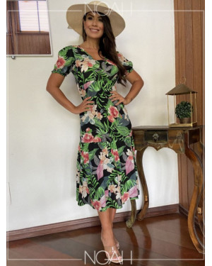 Vestido midi evasê manga curta floral | Moda Evangelica