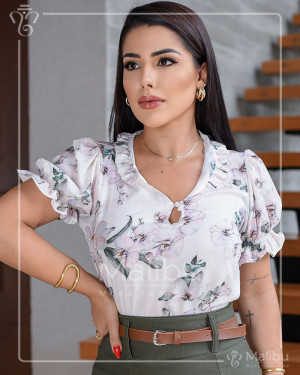 Blusinha Manga Princesa Off White Floral | Moda Evangelica