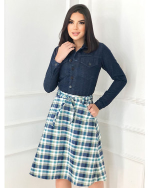 Saia Midi Xadrez com Cinto e Bolsos | Moda Evangelica
