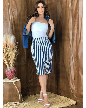 Saia Midi Listrada Azul e Branco com Fenda | Moda Evangelica