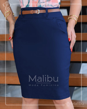 Saia lapis com cinto azul | Moda Evangelica