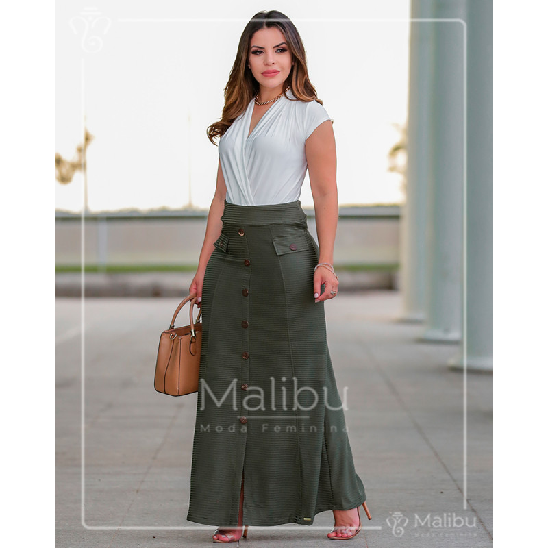 Nair Saia longa canelada verde militar Moda Evangelica