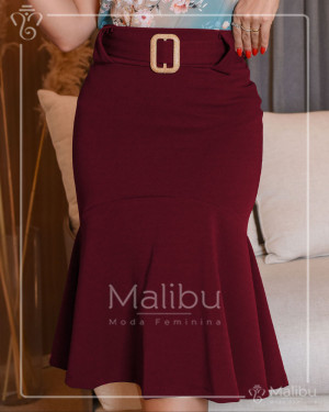 Saia Midi Evase em Crepe Cinto Marsala | Moda Evangelica