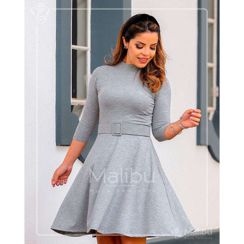 Liliane Vestido Lady Like Malha Canelada Cinza Moda Evangelica