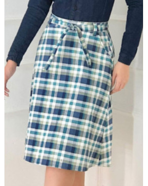 Saia Midi Xadrez com Cinto e Bolsos | Moda Evangelica